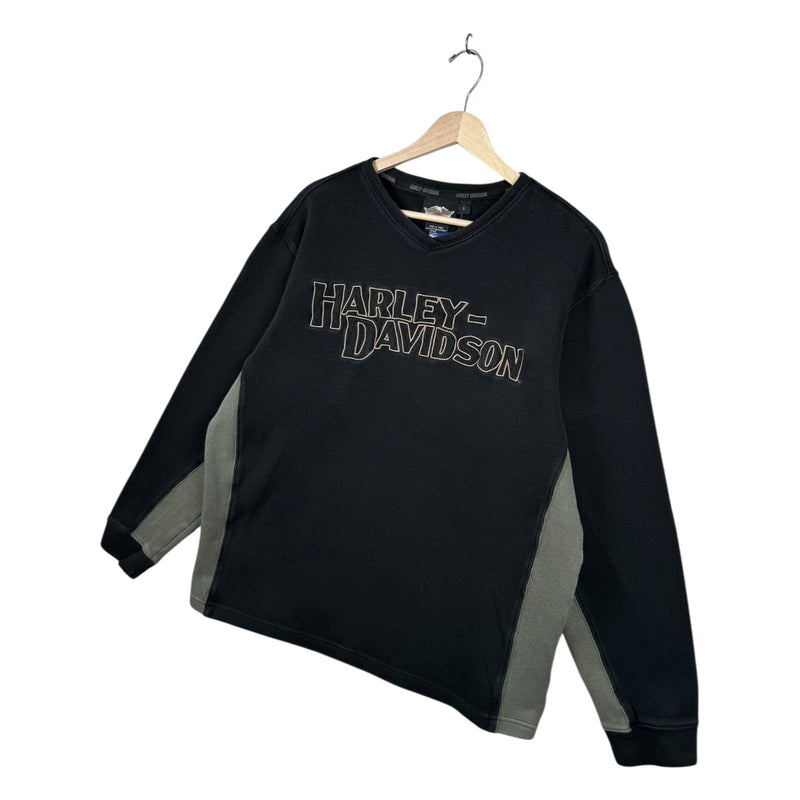 Vintage Harley Davidson Embroidered Two Tone V-Neck Sweatshirt
