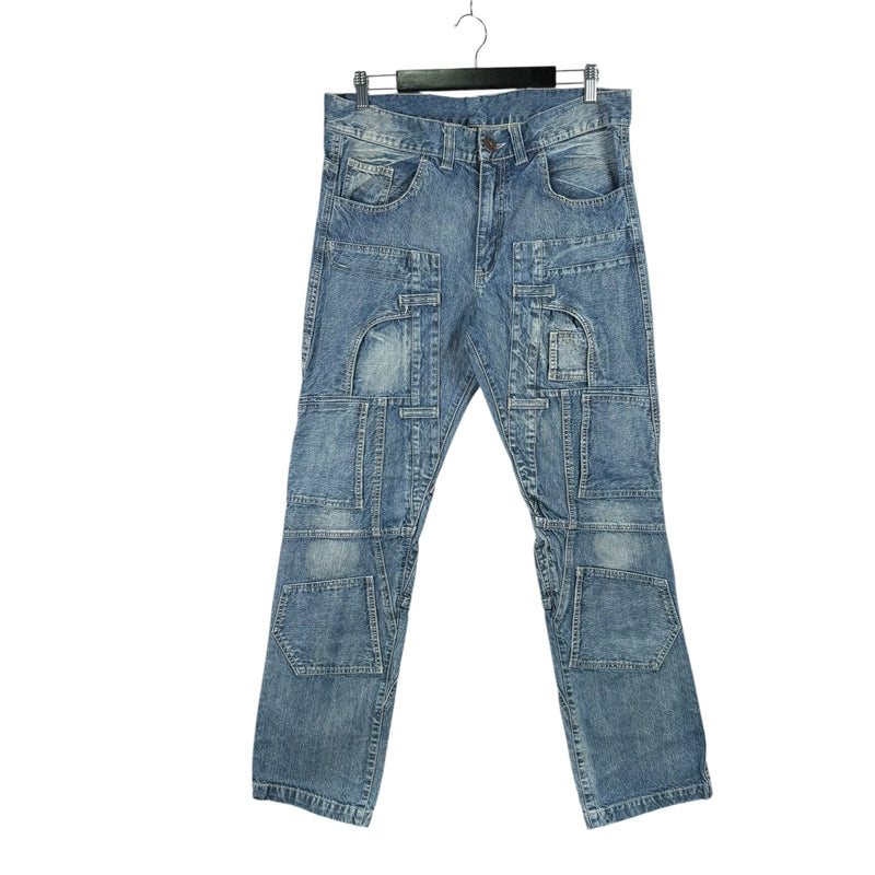 Vintage Patchwork Back Pockets Skull Logo Denim Pants 35