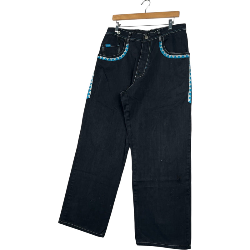 Y2K Embroidered Detail Wide Leg Denim Jeans 34x29