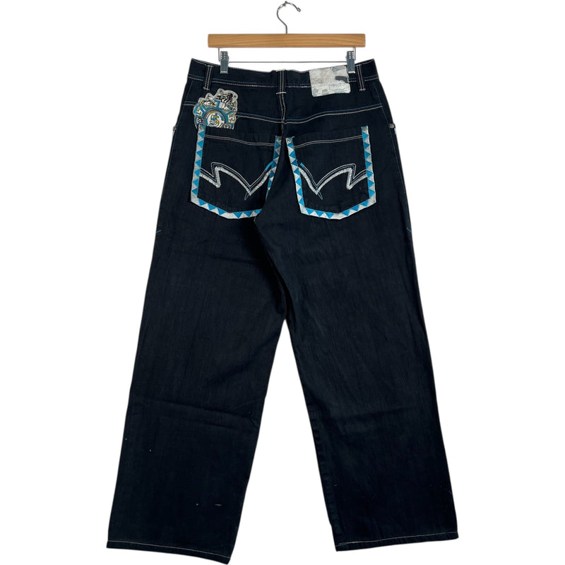 Y2K Embroidered Detail Wide Leg Denim Jeans 34x29