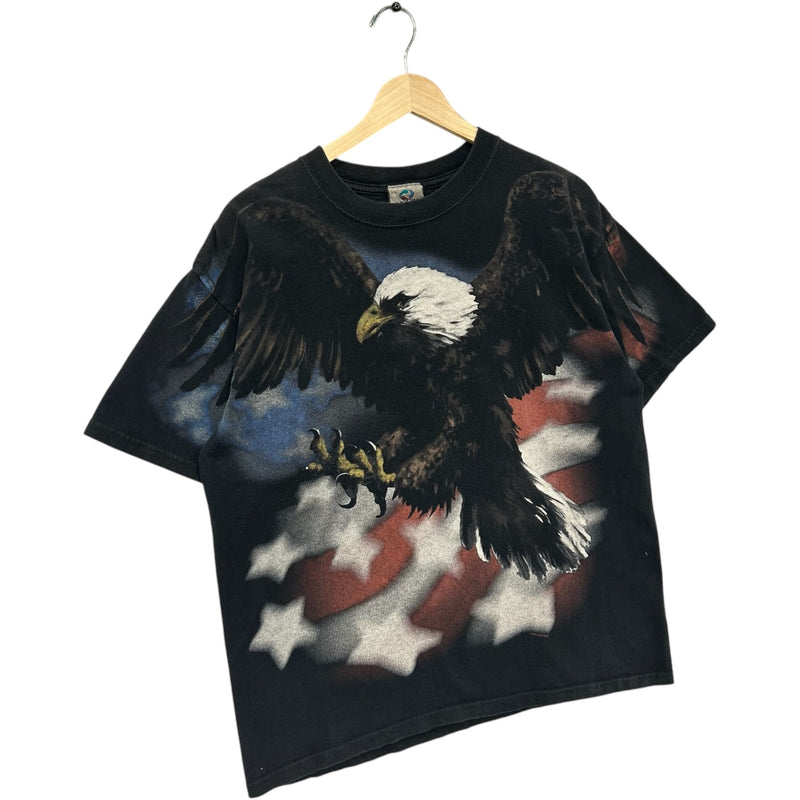 Vintage Liquid Blue American Flag Bald Eagle Double Sided AOP Tee