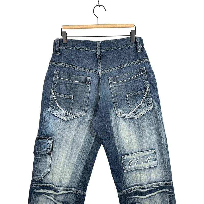 Vintage Acid Wash Distressed Cargo Straight Leg Denim Jeans