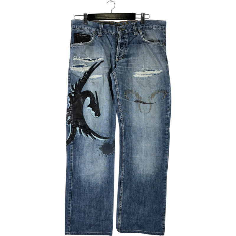 Y2K Doramafi Leather Dragon Patch Jeans 36x31