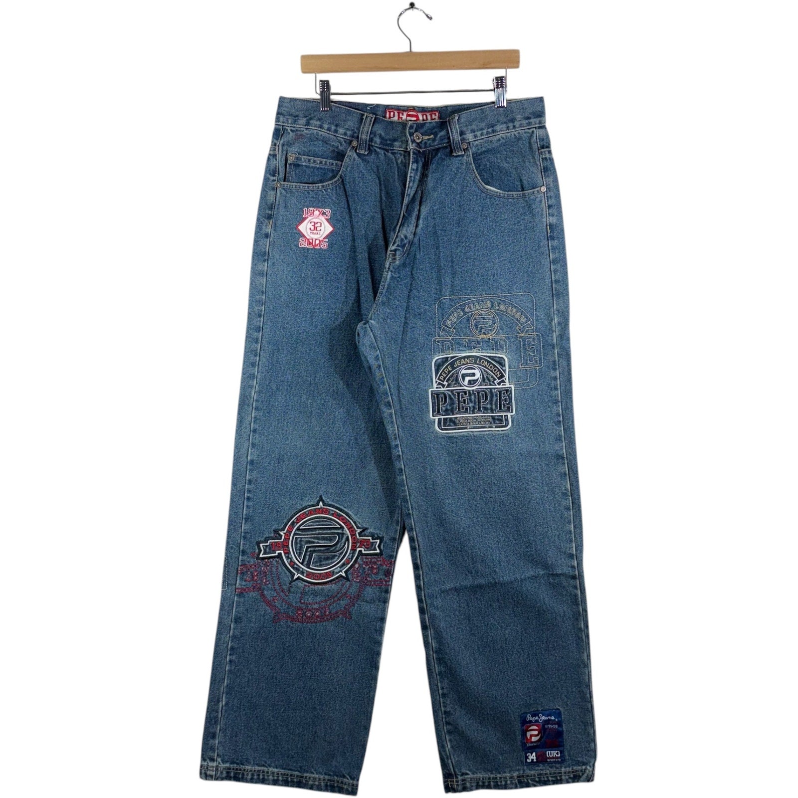 Y2K People Patchwork Straight Leg Denim Jeans 34