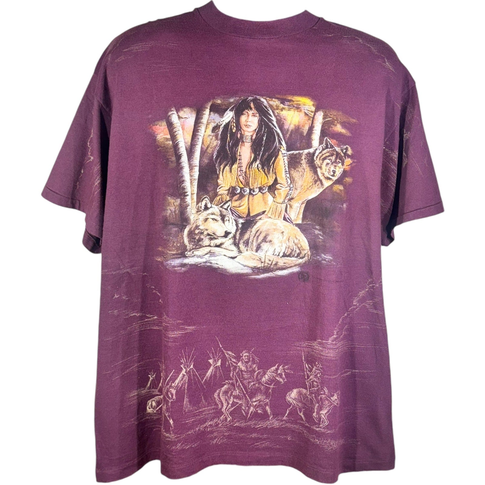 Vintage 3D Emblem Native American Wolves Nature Tee