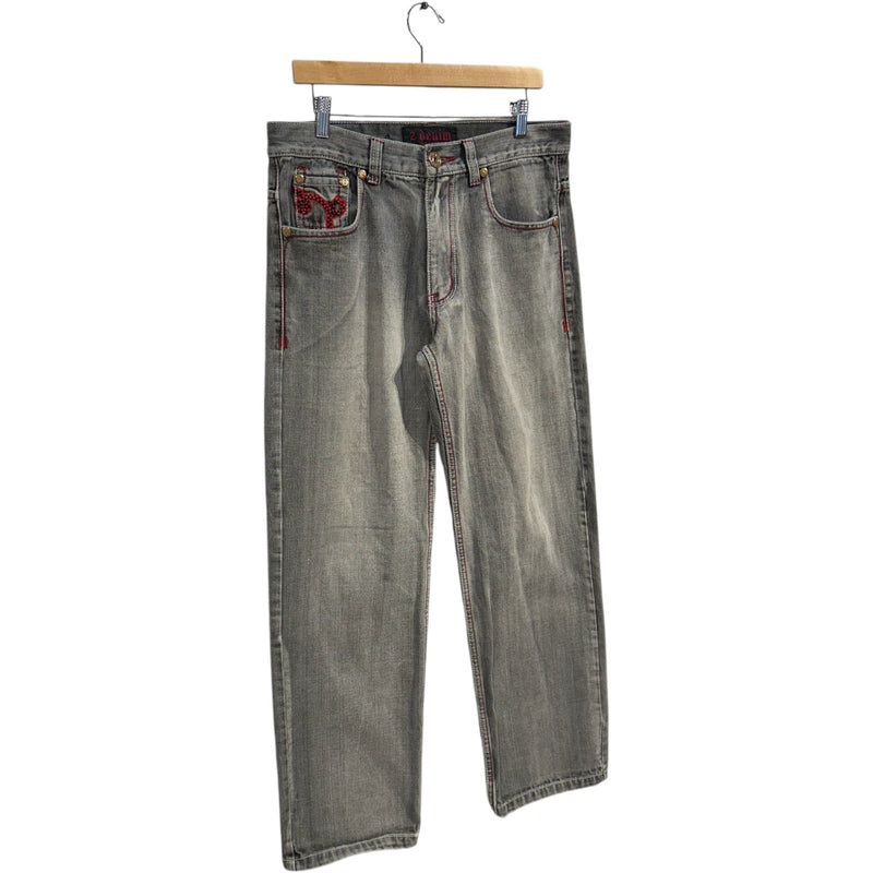 Vintage Faded Embroidered Straight Leg Denim Jeans 32 x 32