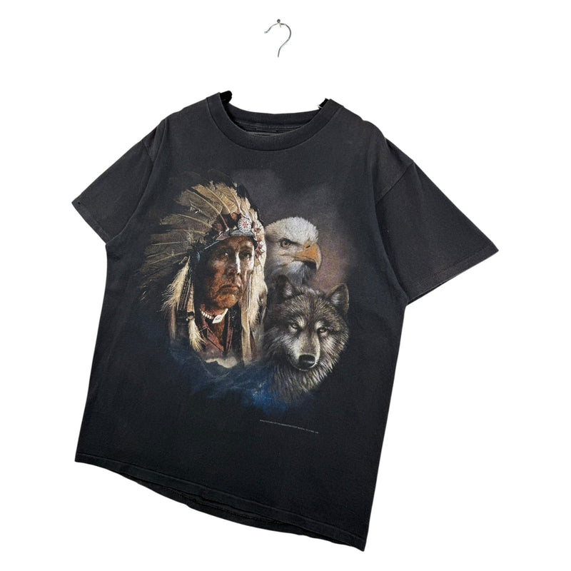 Vintage 3D Emblem Big Face Native Wolf Eagle Art T-Shirt