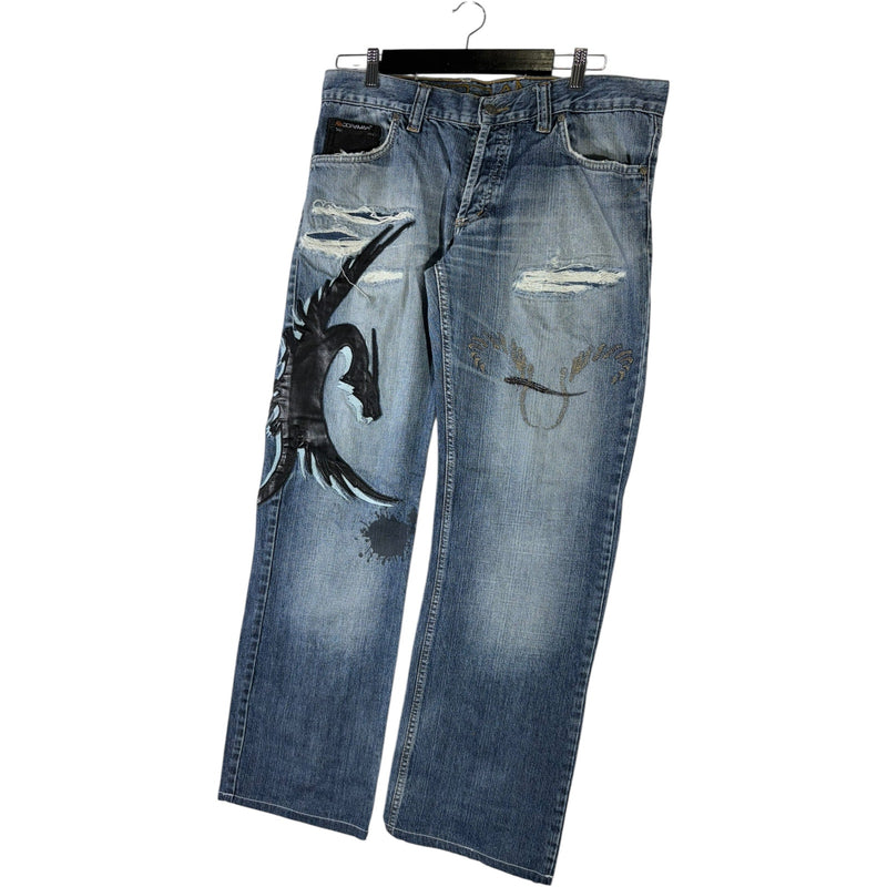 Y2K Doramafi Leather Dragon Patch Jeans 36x31